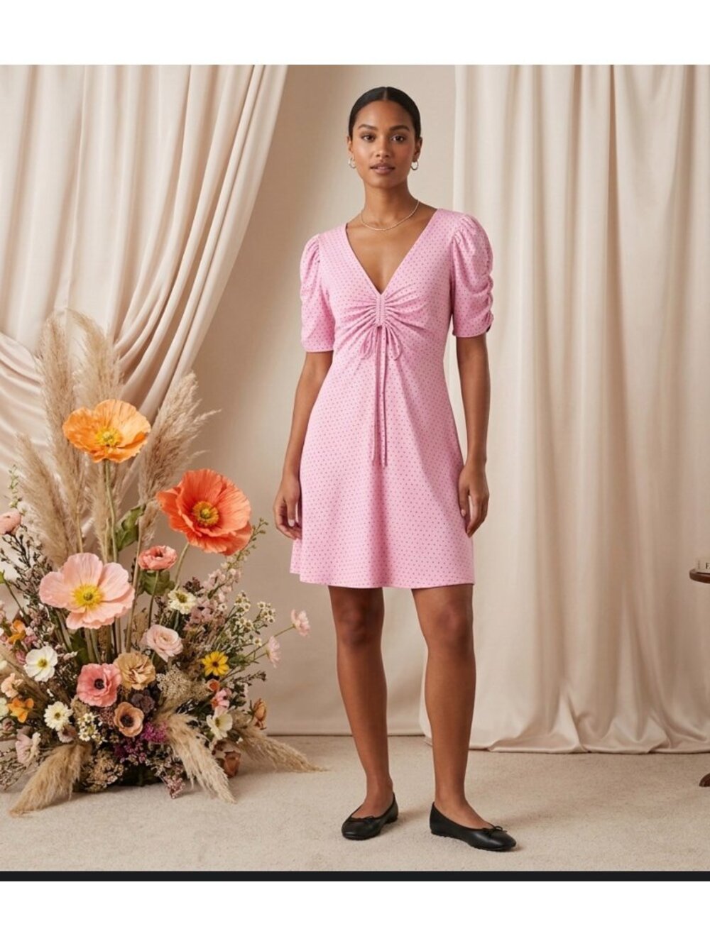 Pink Polka Dot Puff Sleeve Mini Dress size Large With Ruched Front Tie Detail -